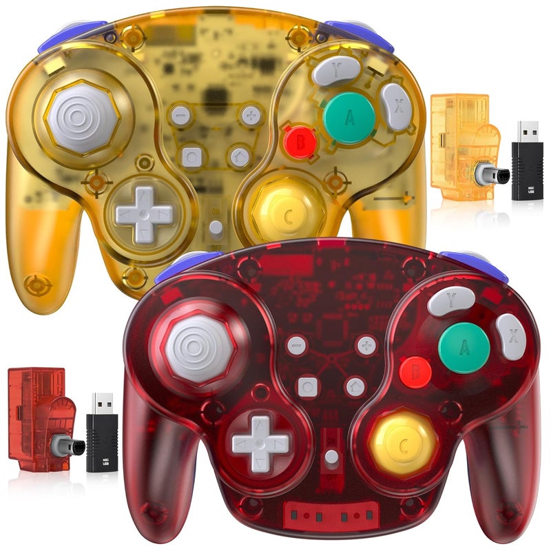 SAFFUN 2 Pack 2.4 GHz Wireless GameCube Switch2 Pro Controller, for NGC GameCube Console, Switch2 / Switch2 OLED/ Switch2, PC, Steam Deck, PC (Built-in Rumble) (Rechargeable) (Plug and Play) Clear Yellow/Red - Image 1